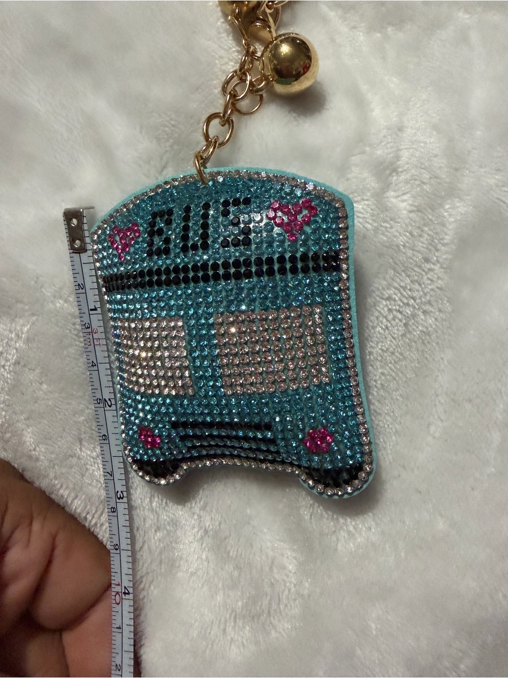 Plushy Rhinestone Turquoise Bus Key Charm - Picture 4 of 5